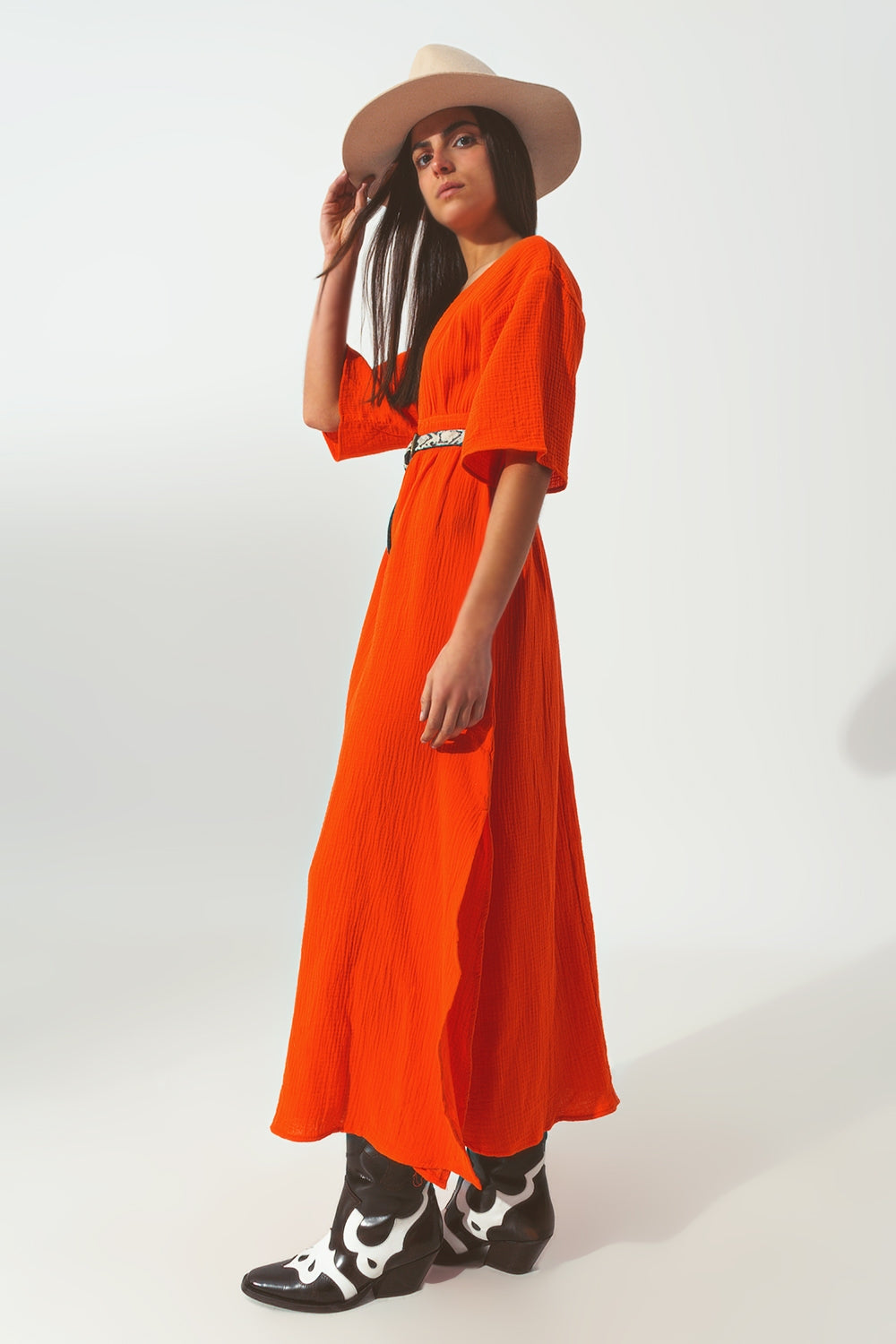 Textured V-Neck Maxi Dress in Orange Q2 Dresses BoutiqueLua