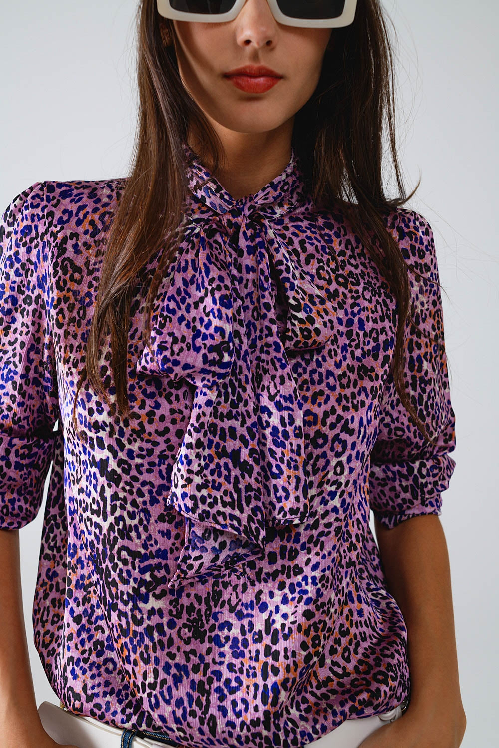 Tie At The Neck Animal Print Purple Blouse - Blouses