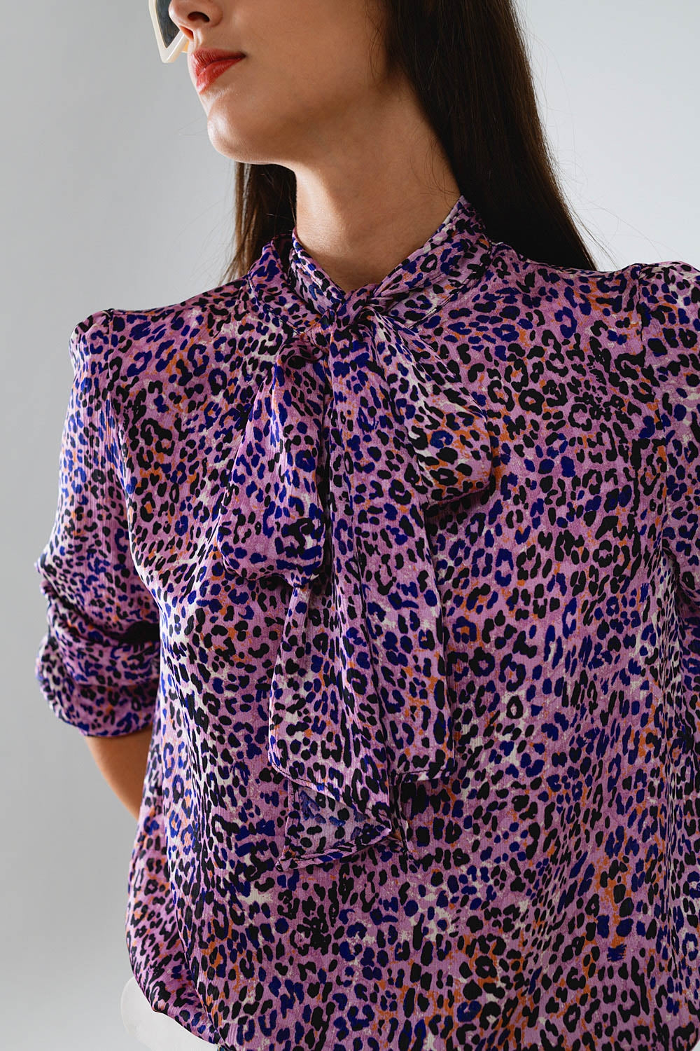 Tie At The Neck Animal Print Purple Blouse - Blouses