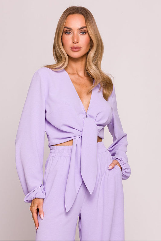 Tie Front Blouse with Long Puffed Sleeves violet - Blouses