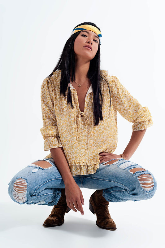 Tie front chiffon blouse in yellow floral print - Blouses