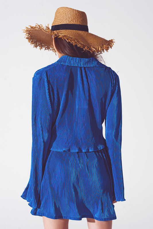 Tie Front Pleated Crop Top in Blue - Tops