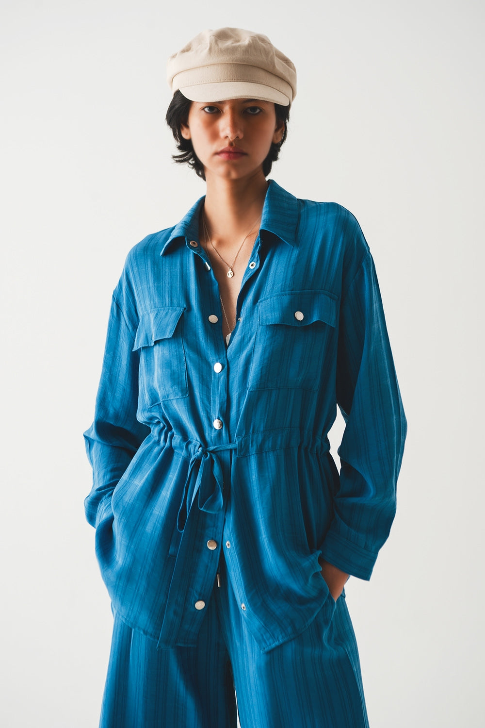 Tie waist long sleeve shirt in blue - Shirts