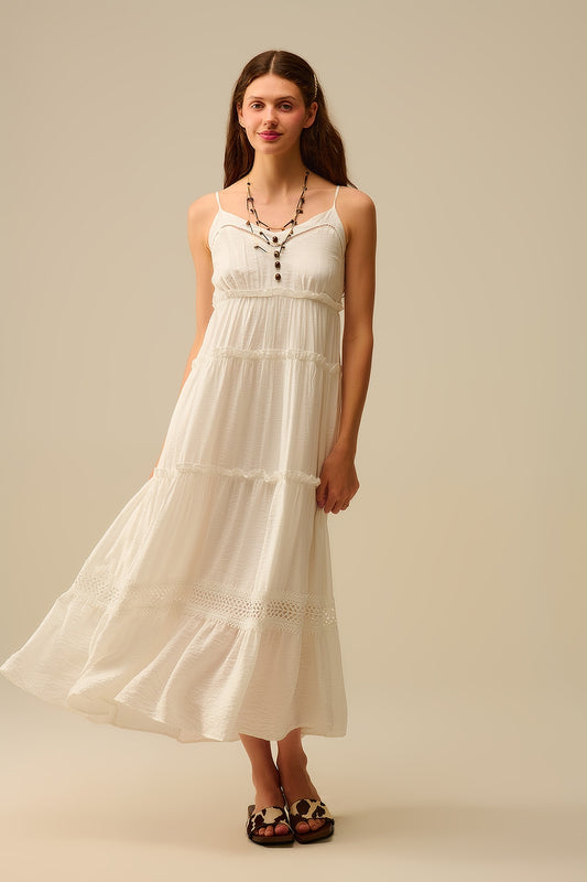 Tiered Maxi Dress with Lace Inserts in White - Dresses