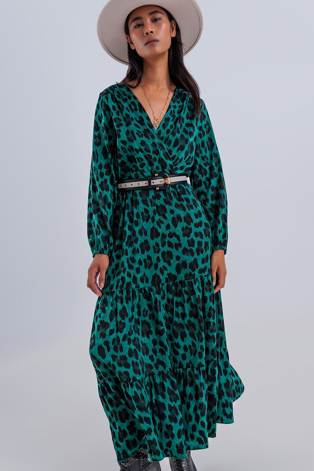 Tiered maxi wrap dress with long sleeve in green - Dresses