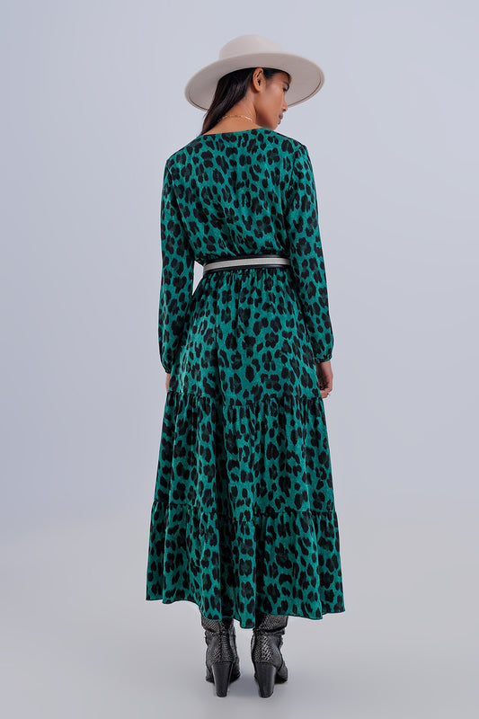 Tiered maxi wrap dress with long sleeve in green - Dresses