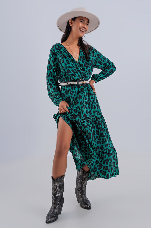 Tiered maxi wrap dress with long sleeve in green - Dresses