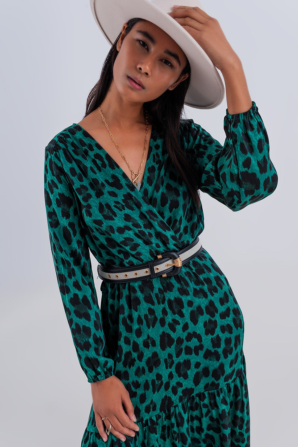Tiered maxi wrap dress with long sleeve in green - Dresses