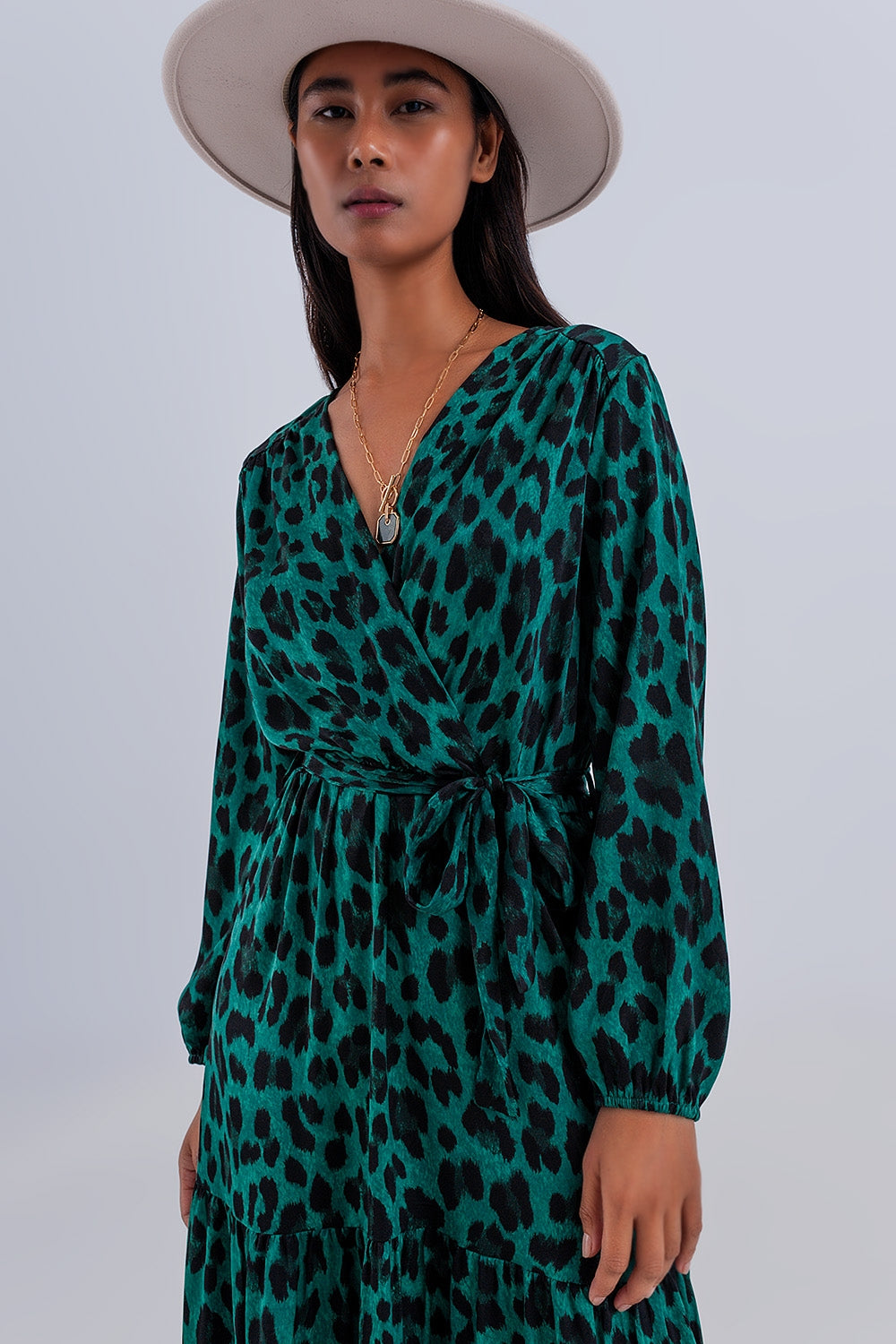 Tiered maxi wrap dress with long sleeve in green - Dresses