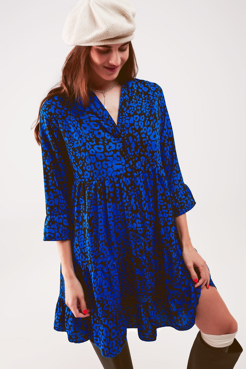Tiered mini smock dress in blue animal print Q2 Dresses BoutiqueLua