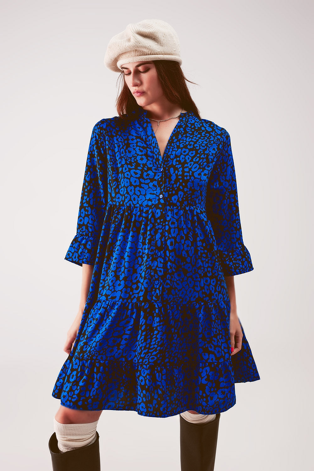 Tiered mini smock dress in blue animal print Q2 Dresses BoutiqueLua