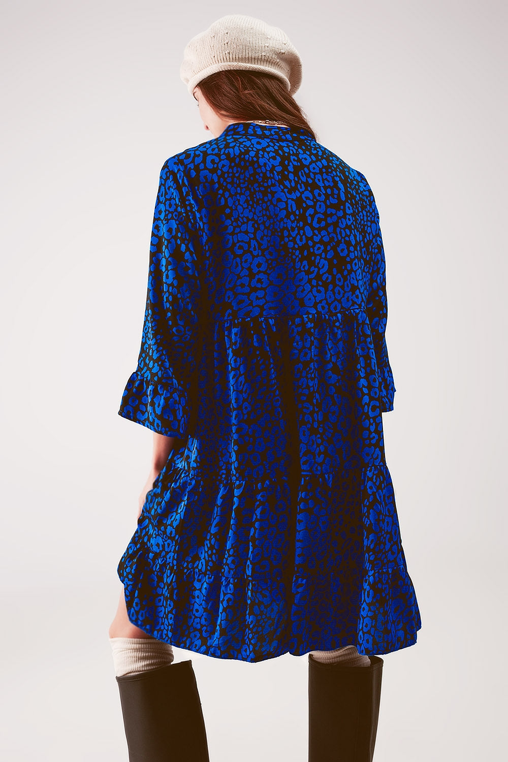 Tiered mini smock dress in blue animal print Q2 Dresses BoutiqueLua