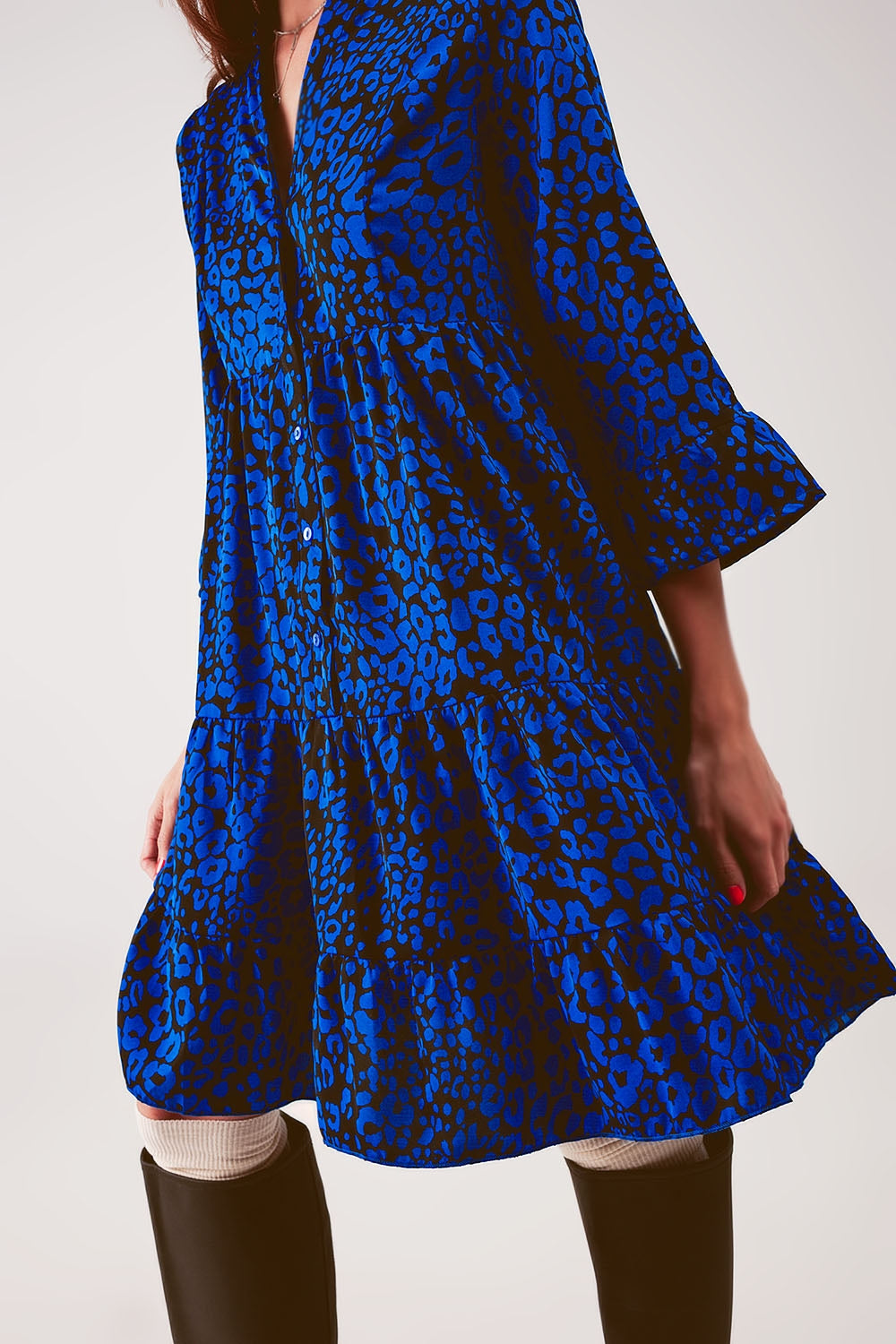 Tiered mini smock dress in blue animal print Q2 Dresses BoutiqueLua