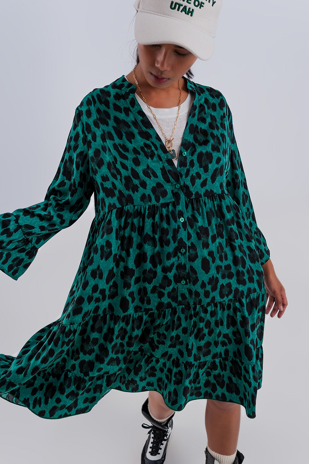Tiered smock mini dress in green animal print Q2 Dresses BoutiqueLua