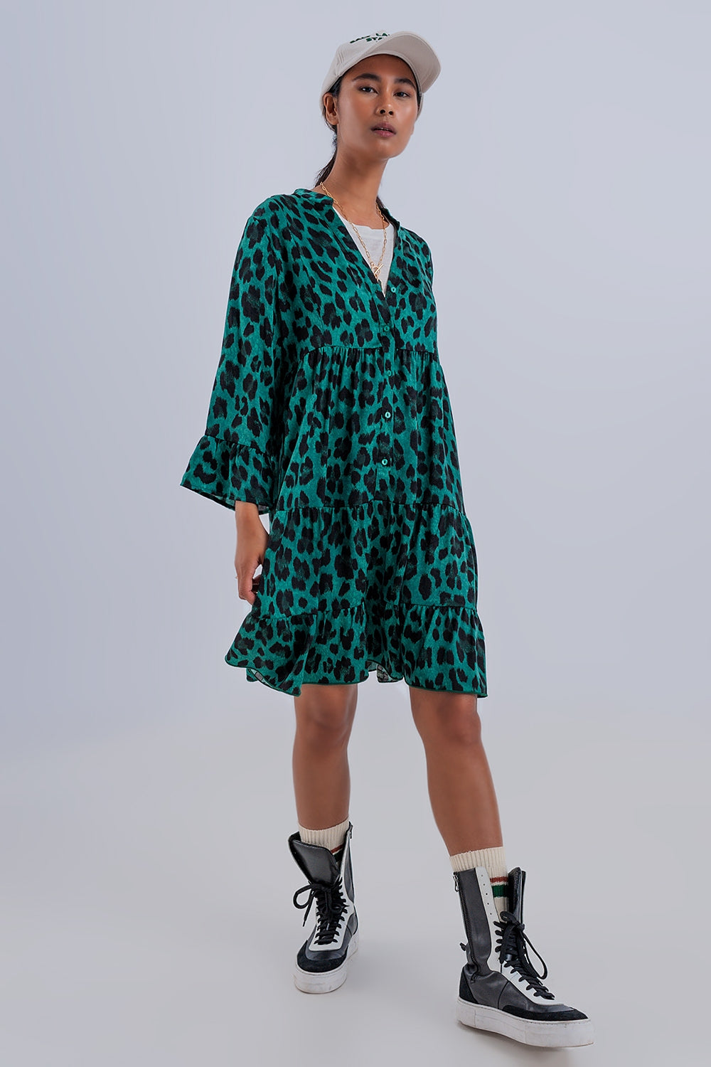 Tiered smock mini dress in green animal print Q2 Dresses BoutiqueLua