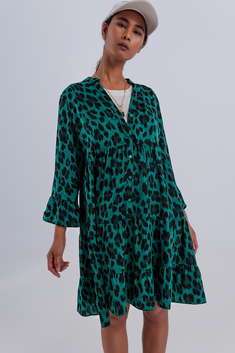 Tiered smock mini dress in green animal print Q2 Dresses BoutiqueLua