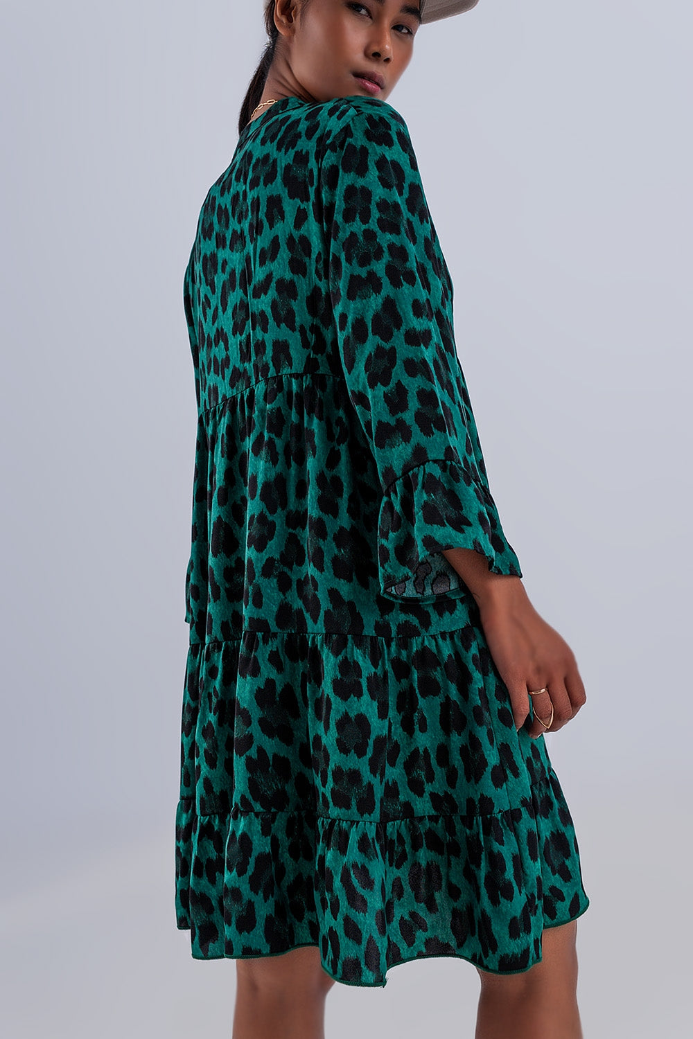 Tiered smock mini dress in green animal print Q2 Dresses BoutiqueLua