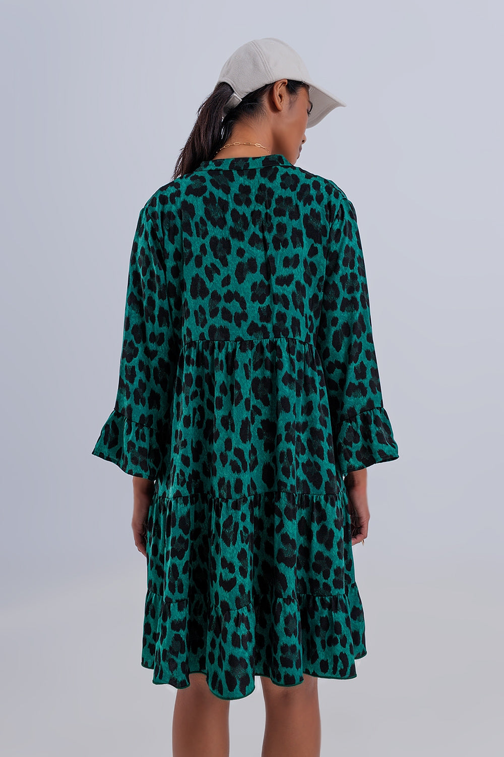 Tiered smock mini dress in green animal print Q2 Dresses BoutiqueLua