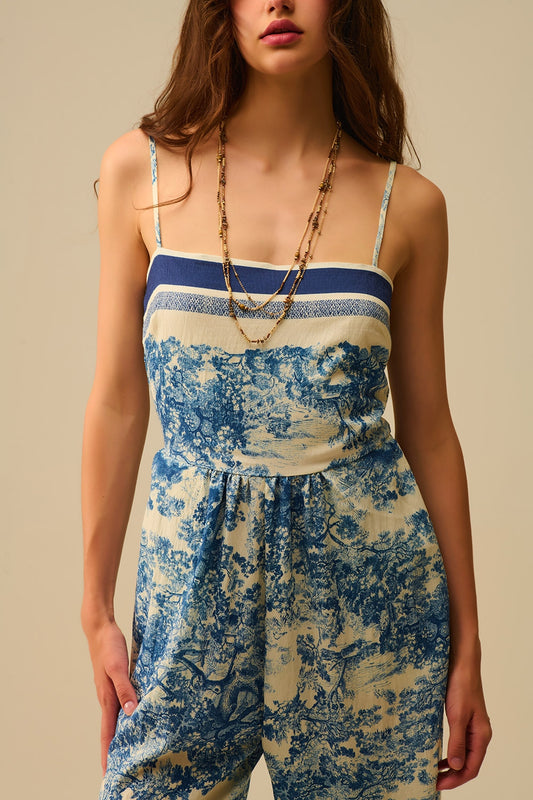 Toile de Jouy Print Jumpsuit with Thin Straps - Dresses
