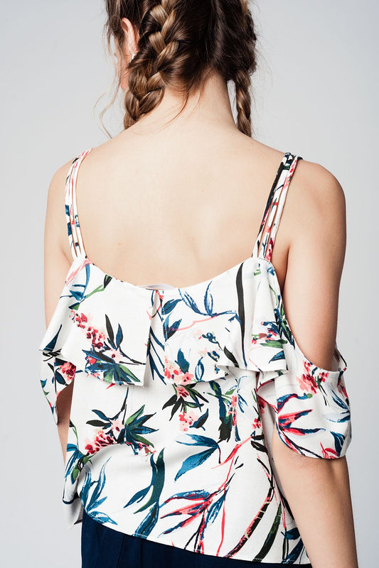 top with cold shoulder and blue leaves print - Tops