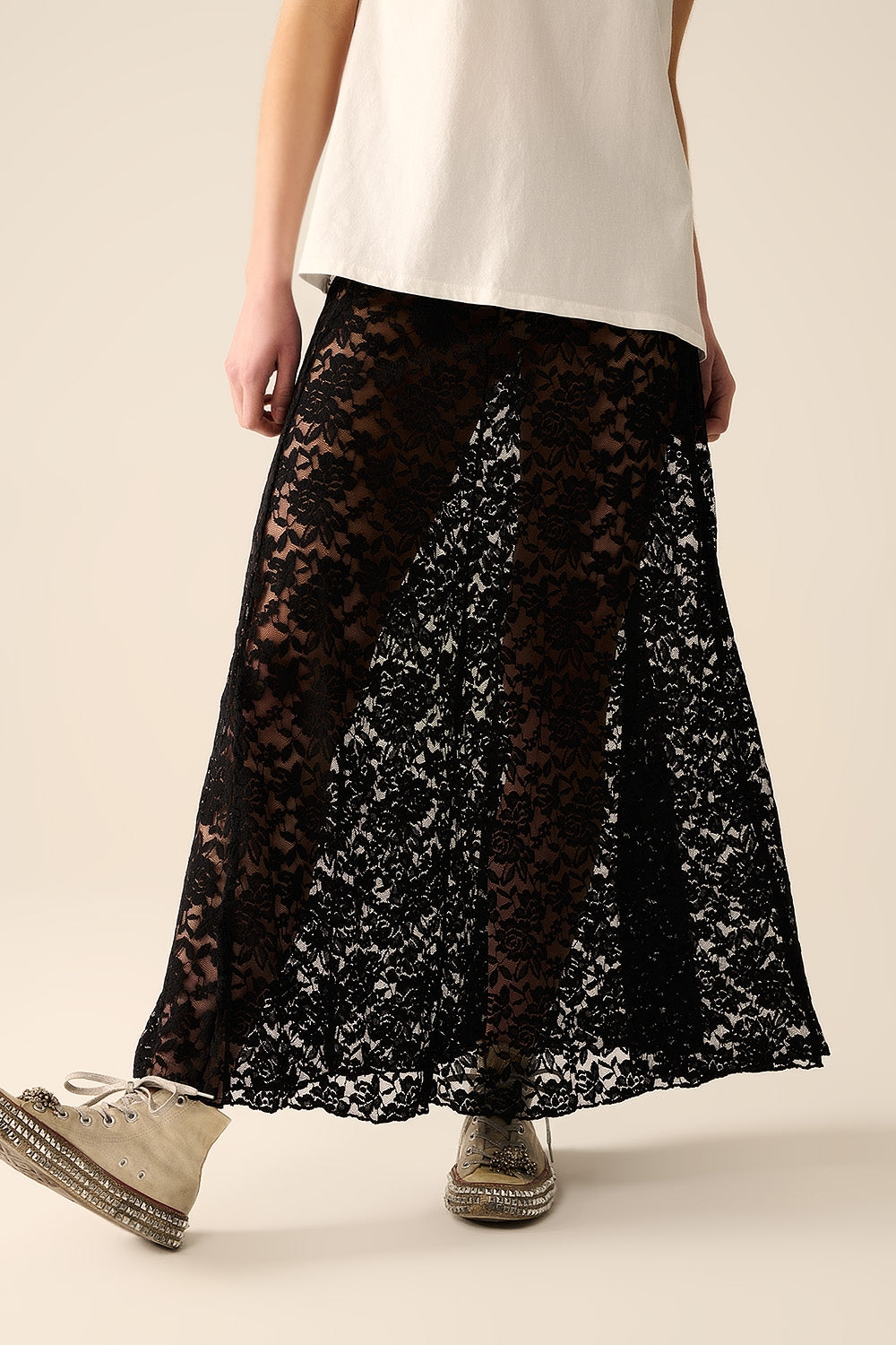 Q2 trendy black lace long skirt