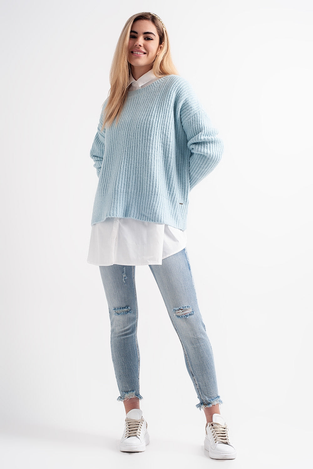Turquoise round neck boyfriend sweater Q2 Sweaters BoutiqueLua