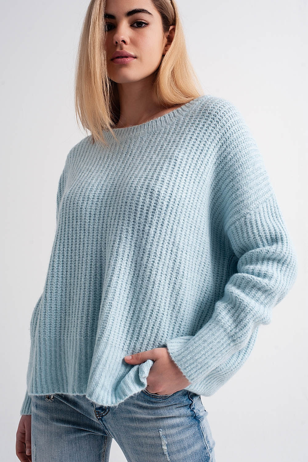 Turquoise round neck boyfriend sweater Q2 Sweaters BoutiqueLua