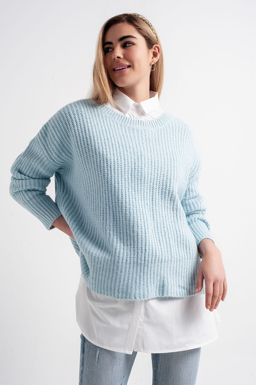 Turquoise round neck boyfriend sweater Q2 Sweaters BoutiqueLua
