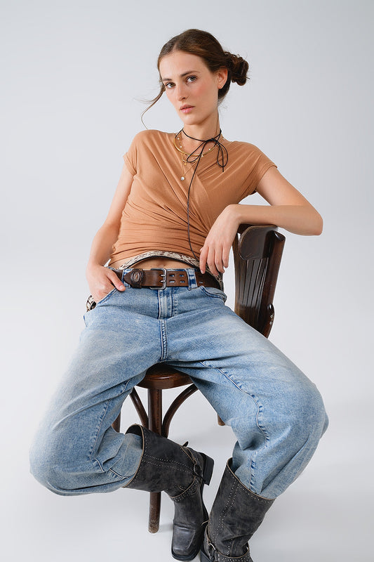 V-neck crossed drapped fitted top with cap sleeves in beige - Tops