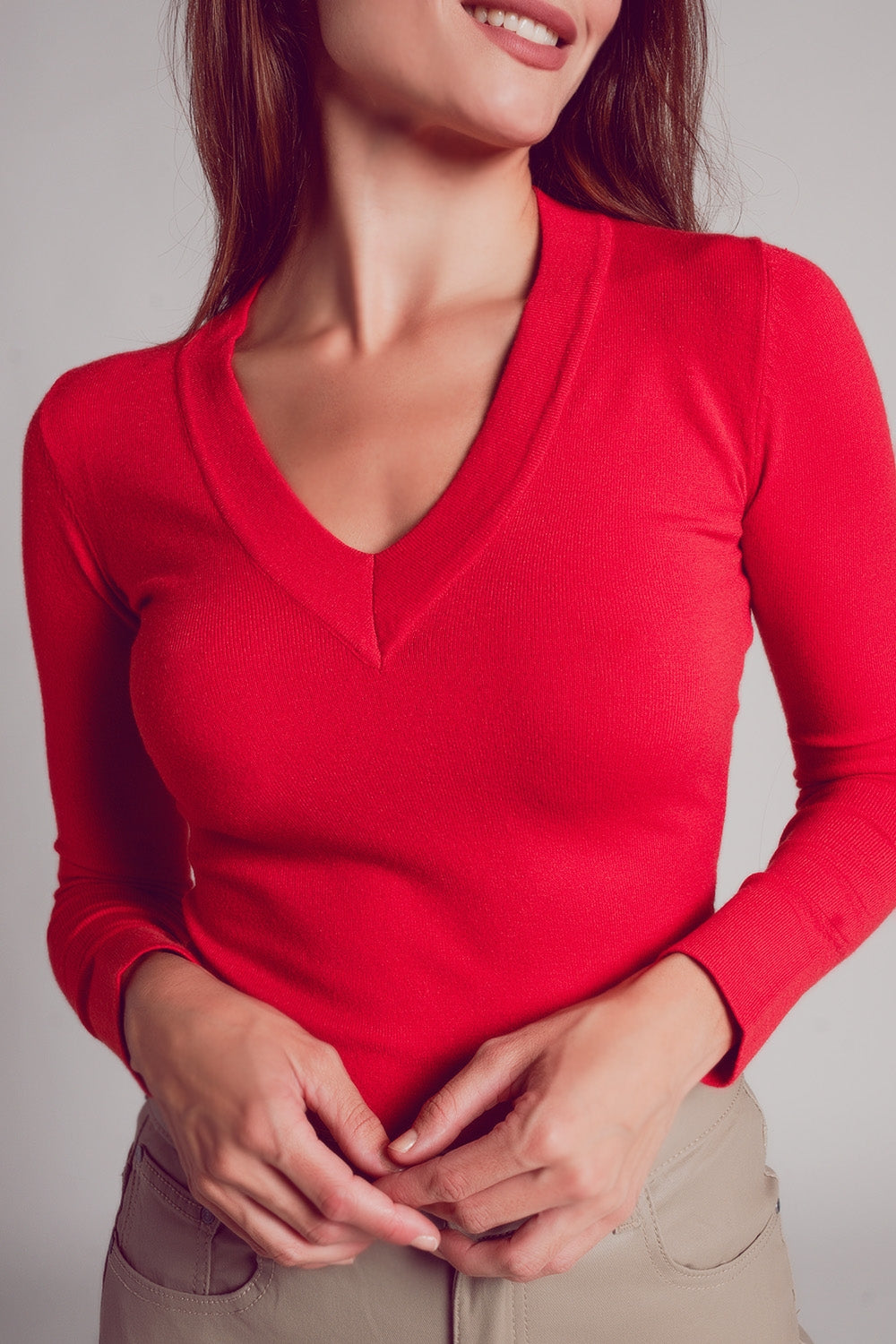 V neck fine knit jumper in red - Jumpers