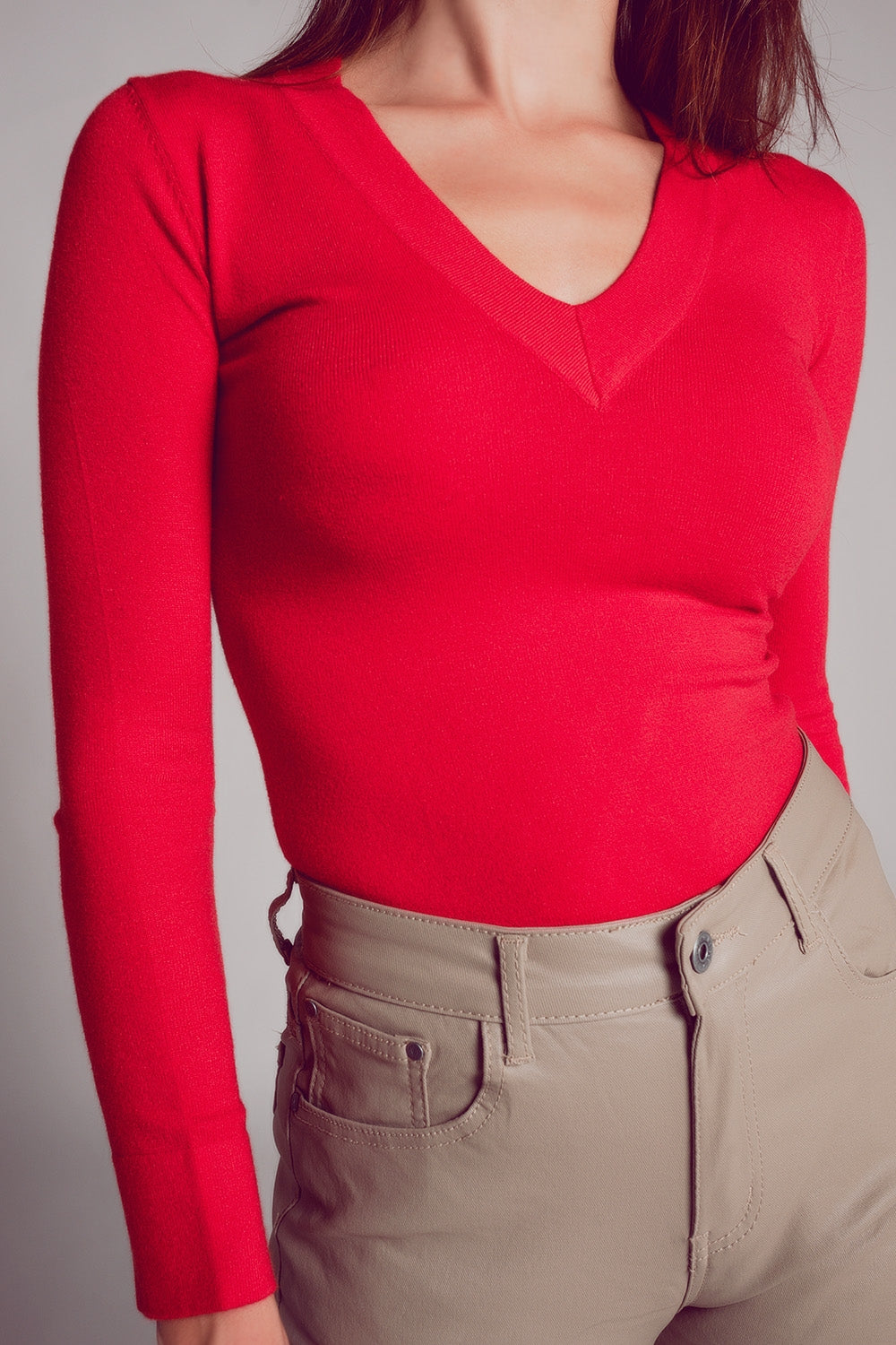 V neck fine knit jumper in red - Jumpers