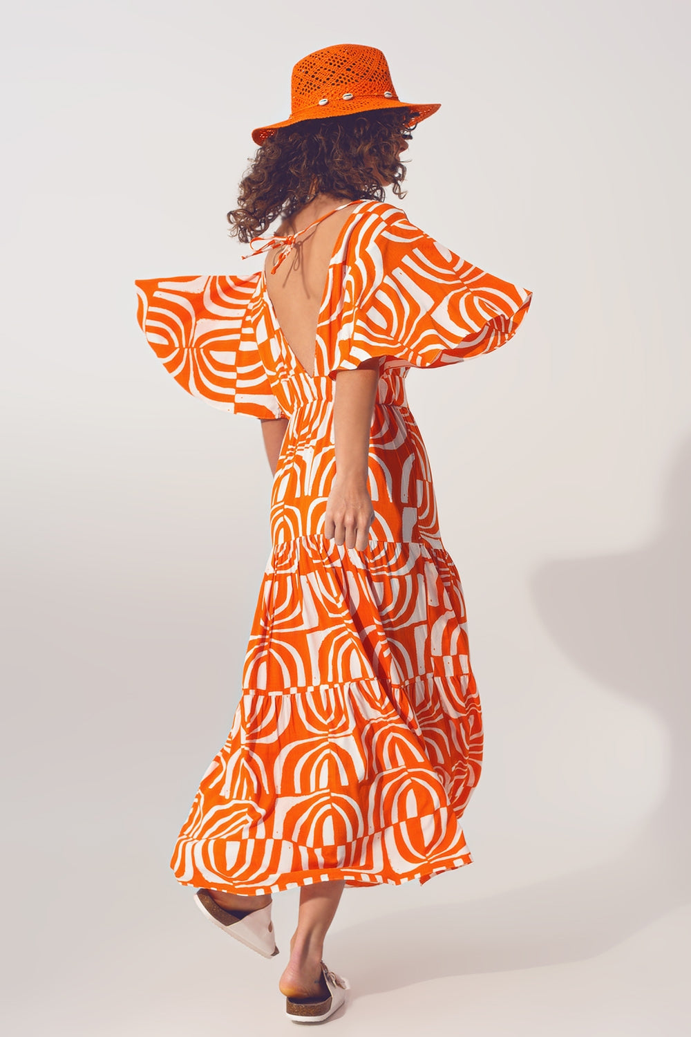 V neck Midi Dress with Print in Orange Q2 Dresses BoutiqueLua