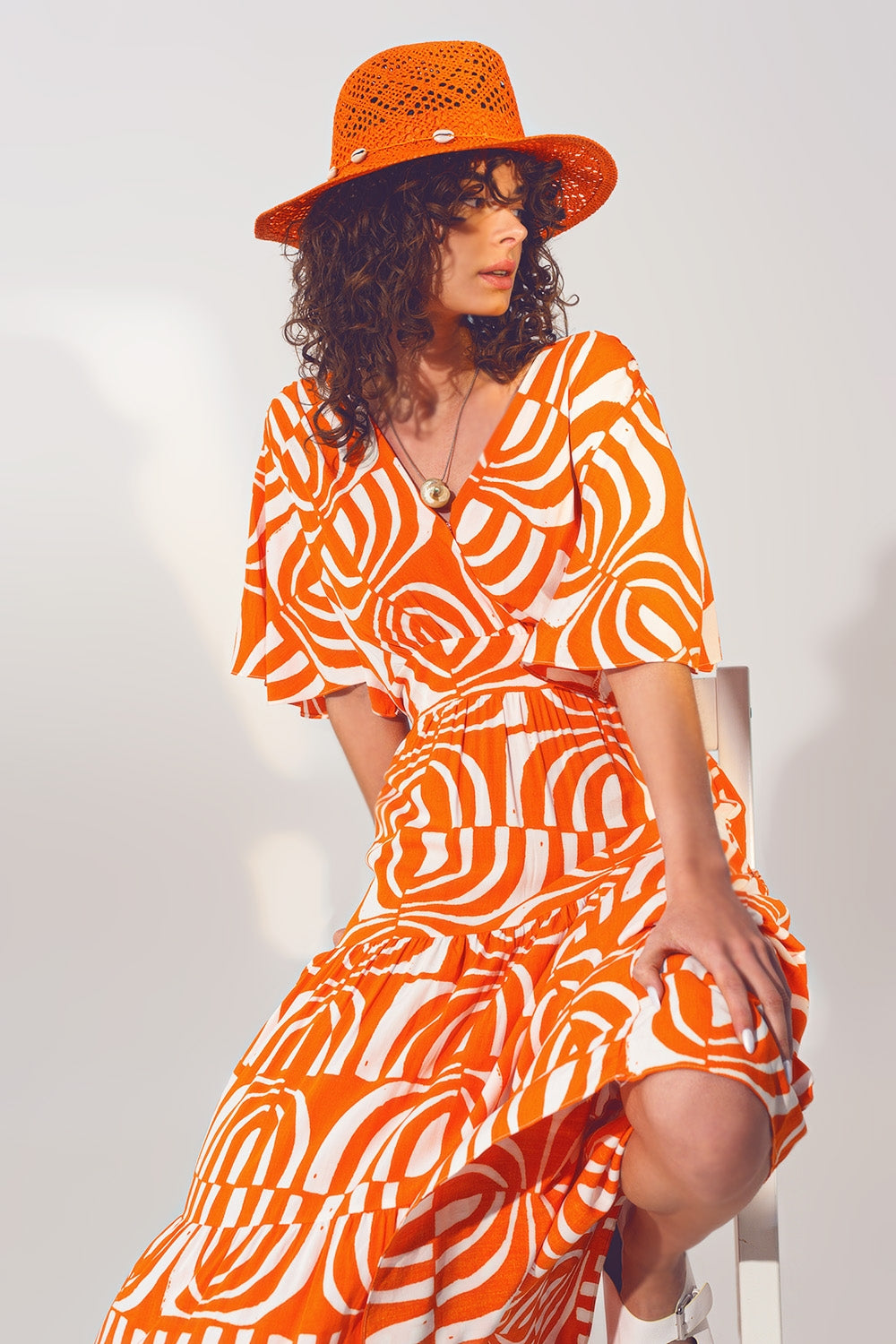 V neck Midi Dress with Print in Orange Q2 Dresses BoutiqueLua