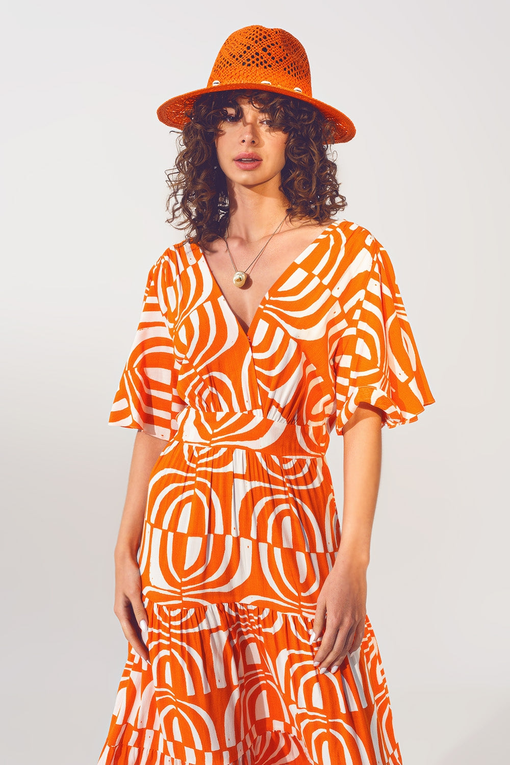 V neck Midi Dress with Print in Orange Q2 Dresses BoutiqueLua