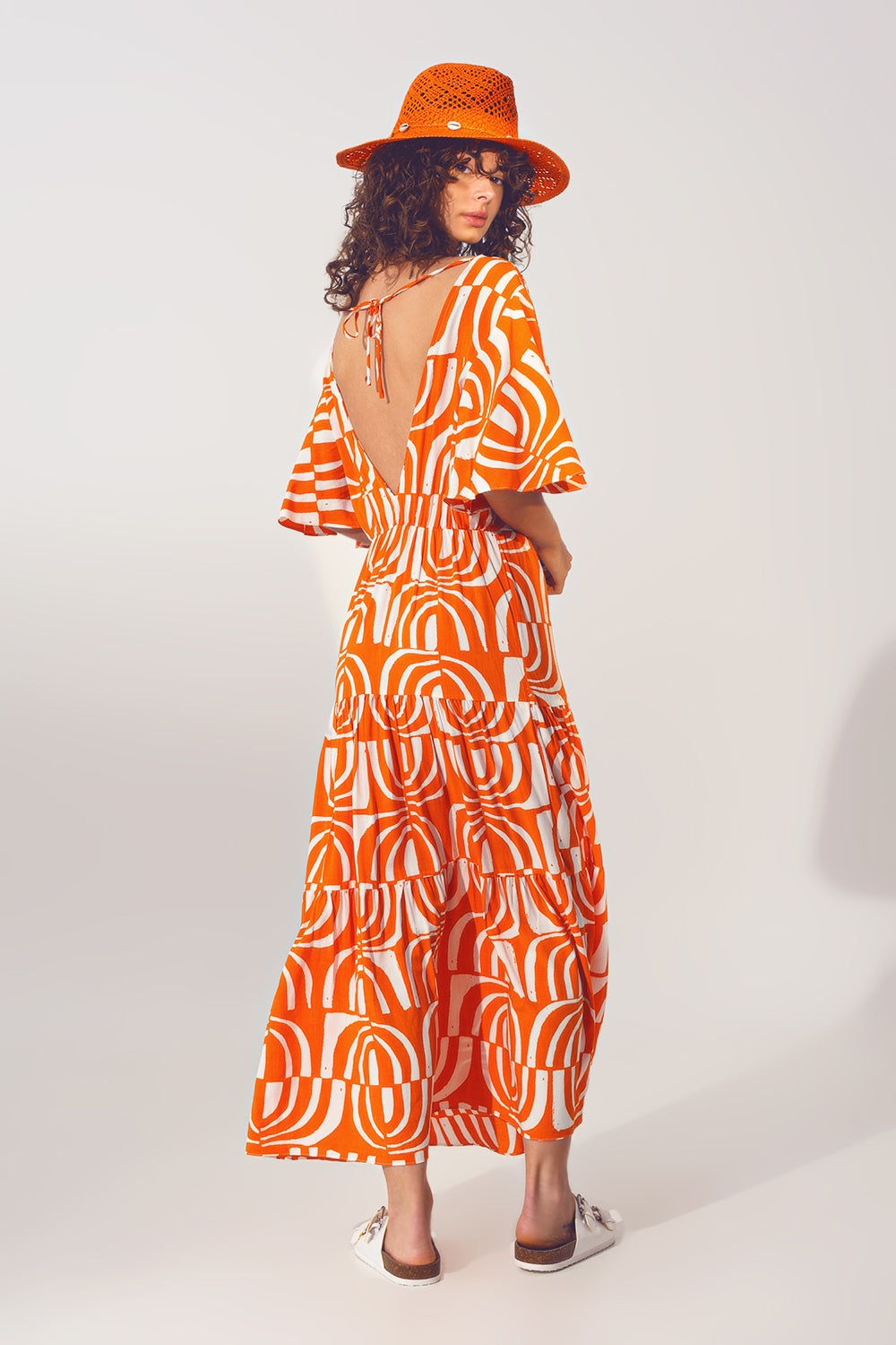V neck Midi Dress with Print in Orange Q2 Dresses BoutiqueLua