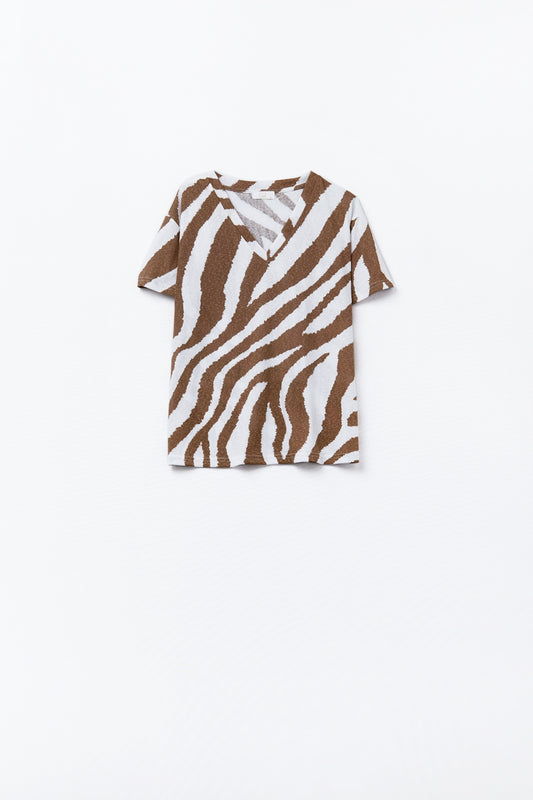 V-neck t-shirt with camel zebra print - T-Shirts