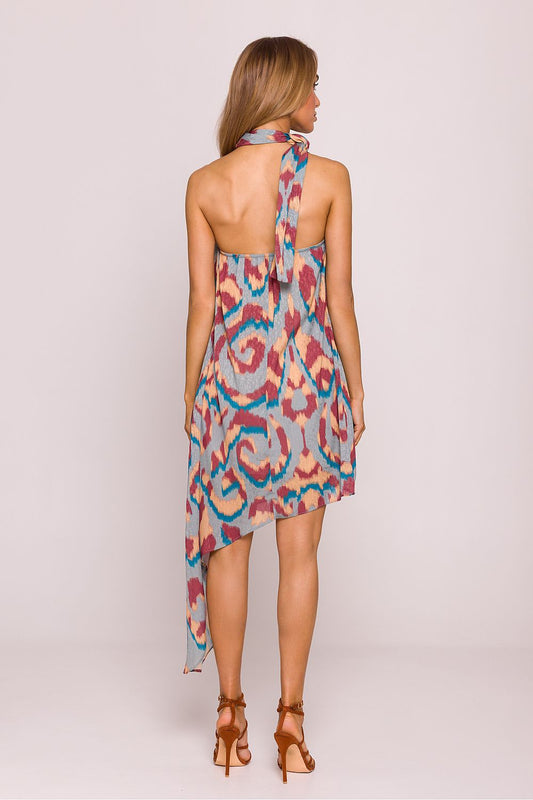 Asymmetric Halter Neck Daydress with Colourful Print -