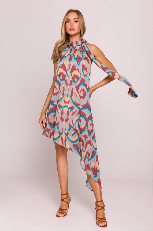 Asymmetric Halter Neck Daydress with Colourful Print multicolor -