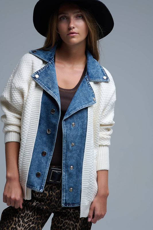 Waffle Knit Cardigan in White with Blue Chunky Denim inside - Coats and Jackets