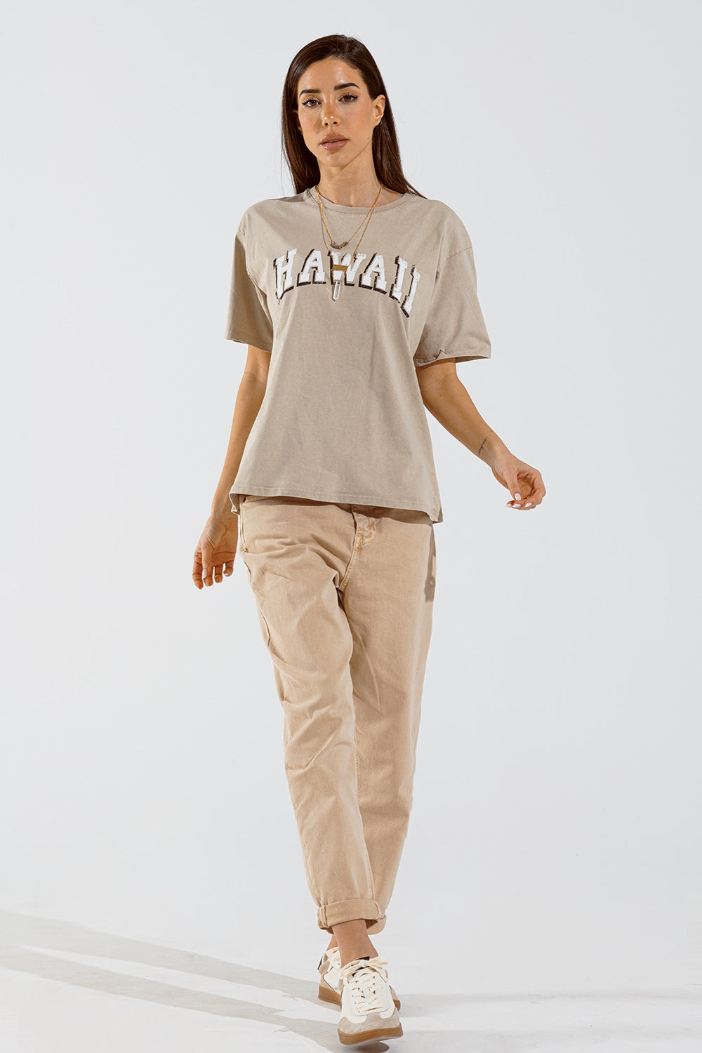 Washed Effect Hawaii T-Shirt In Beige - T-Shirts