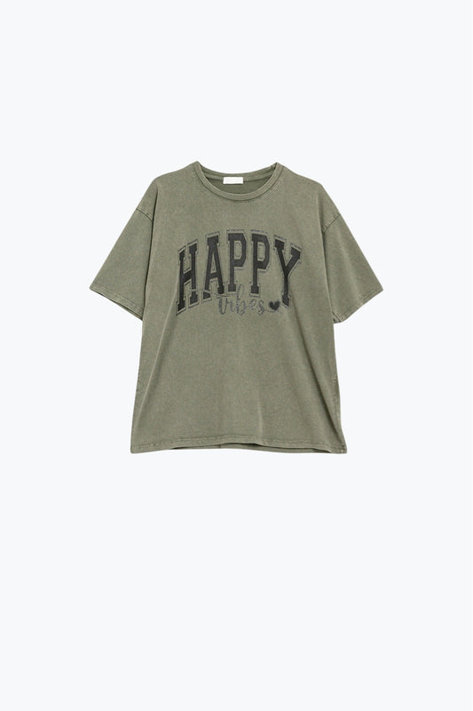 Washed Khaki Green Happy Vibes Graphic Relaxed T-Shirt - Tops