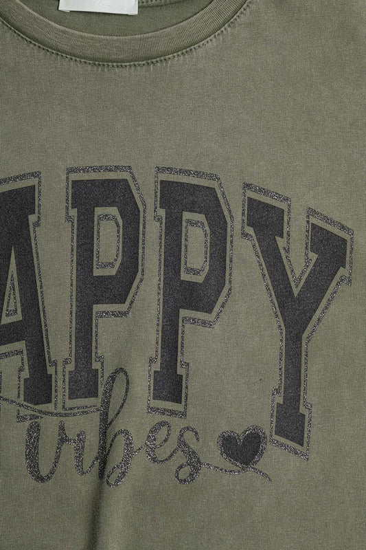 Washed Khaki Green Happy Vibes Graphic Relaxed T-Shirt - Tops