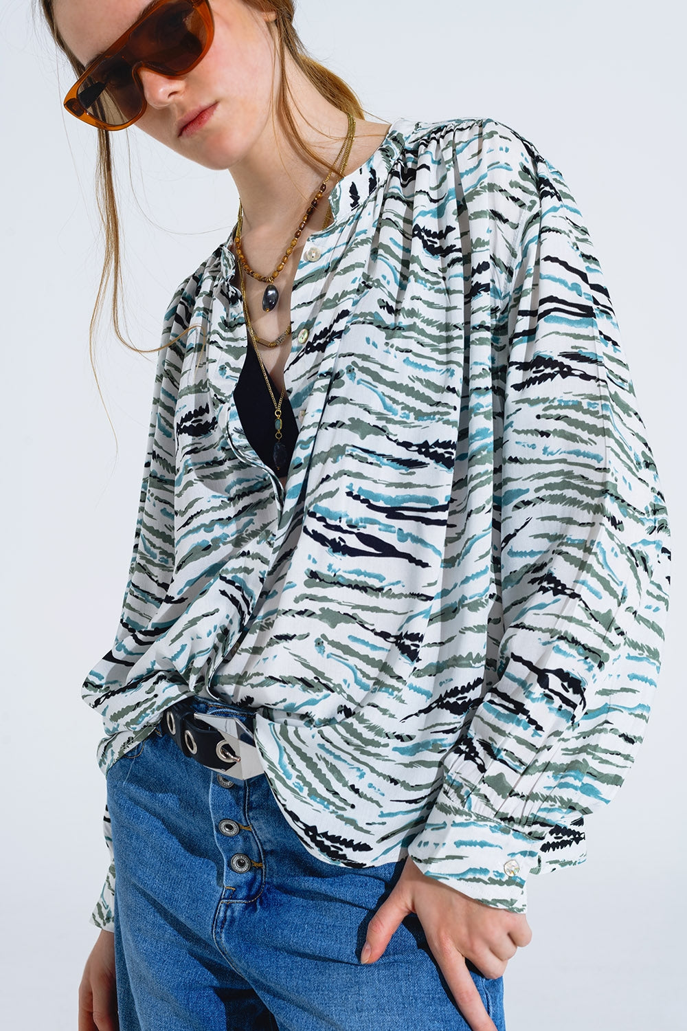 White Blouse With Animal Print And Long Sleeves - Blouses