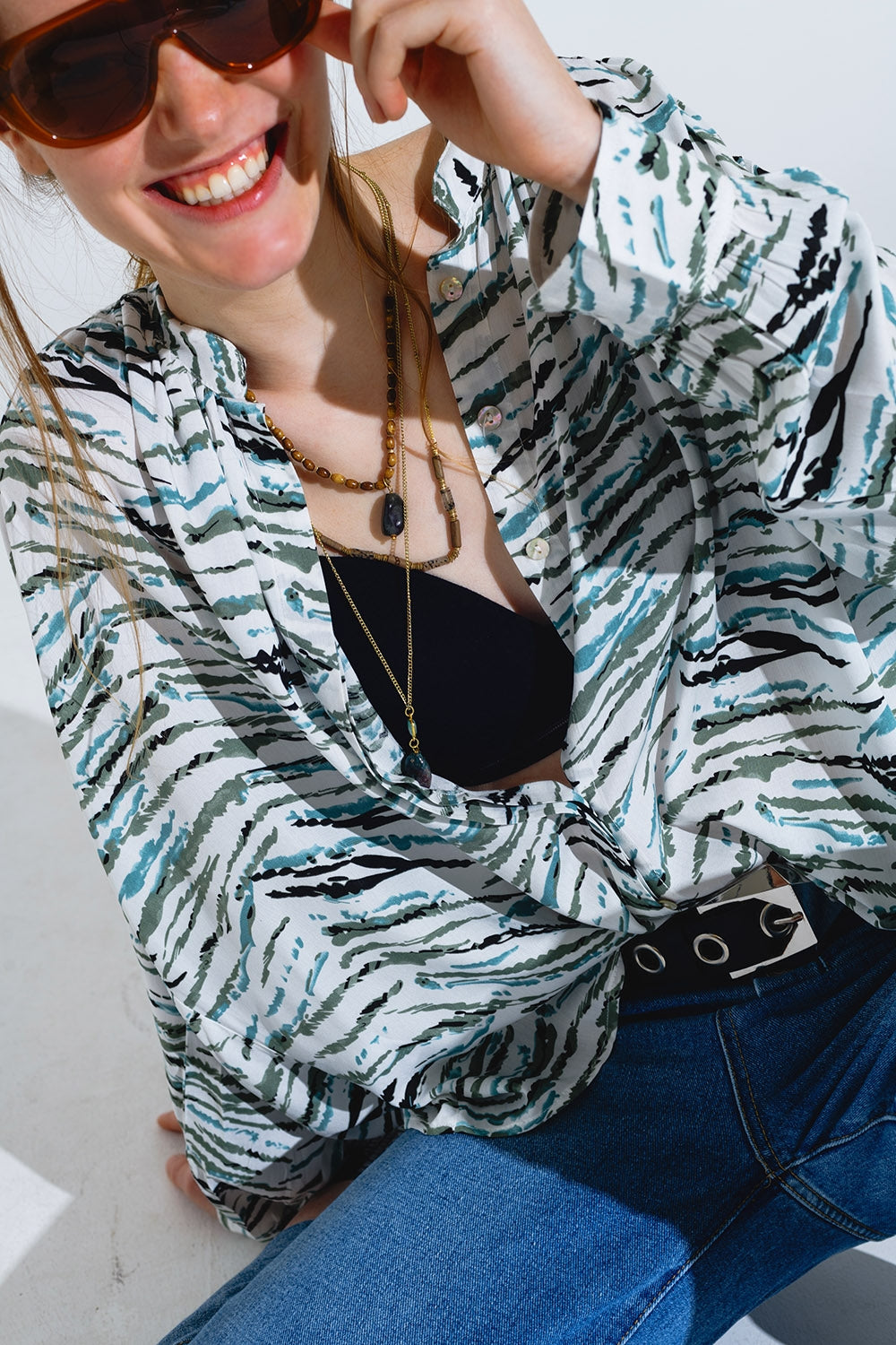 White Blouse With Animal Print And Long Sleeves - Blouses