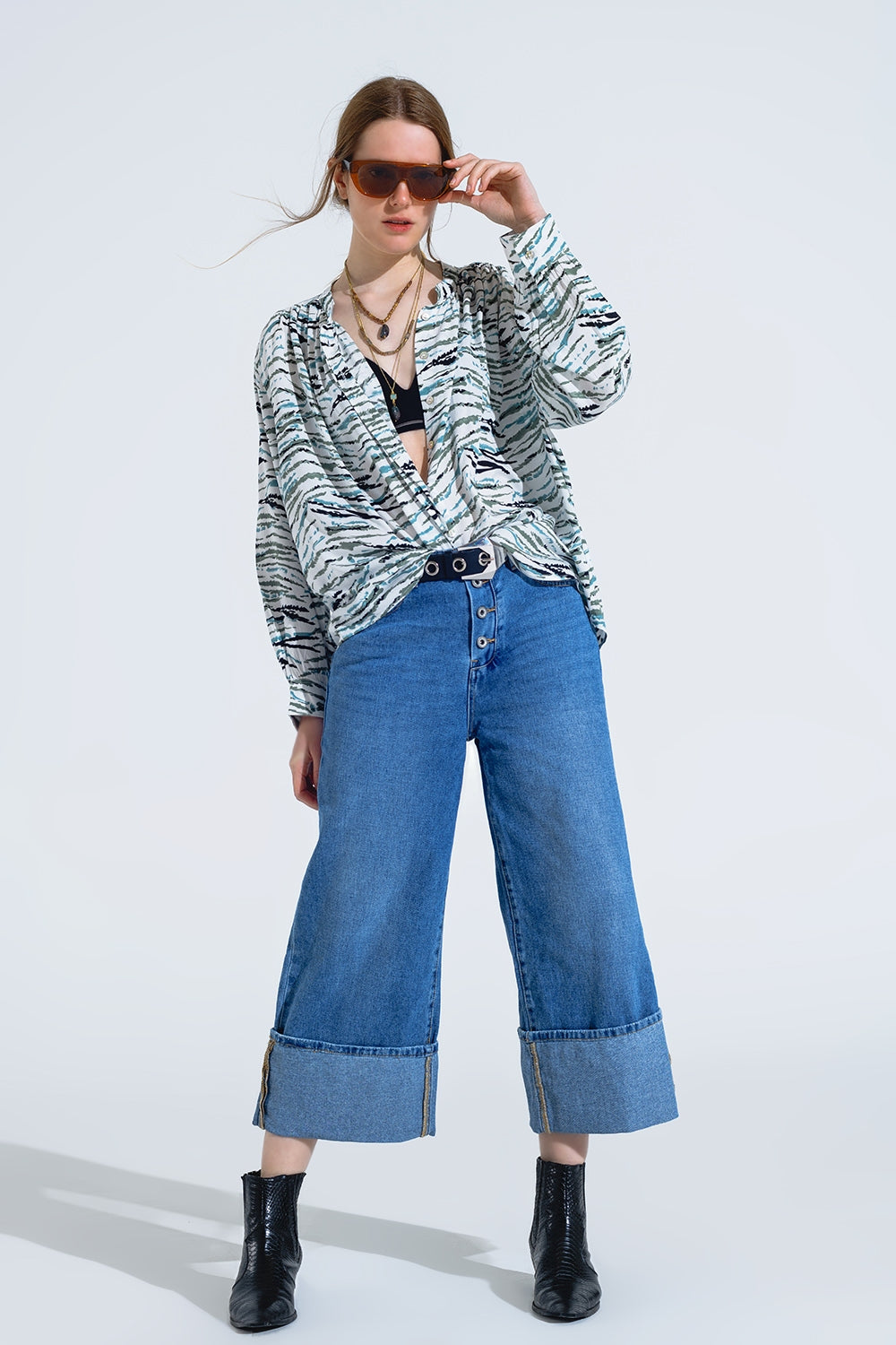 White Blouse With Animal Print And Long Sleeves - Blouses