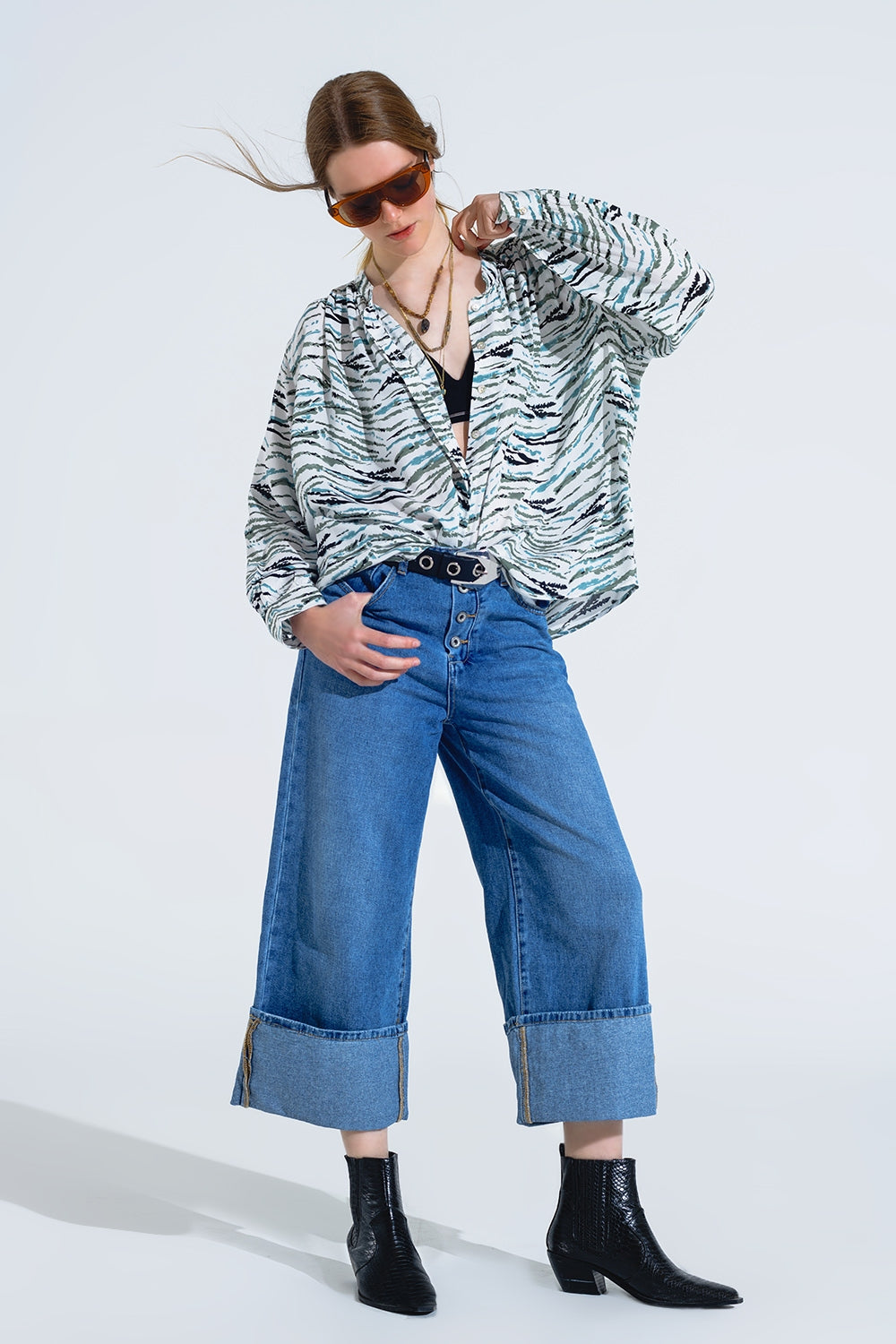 White Blouse With Animal Print And Long Sleeves - Blouses