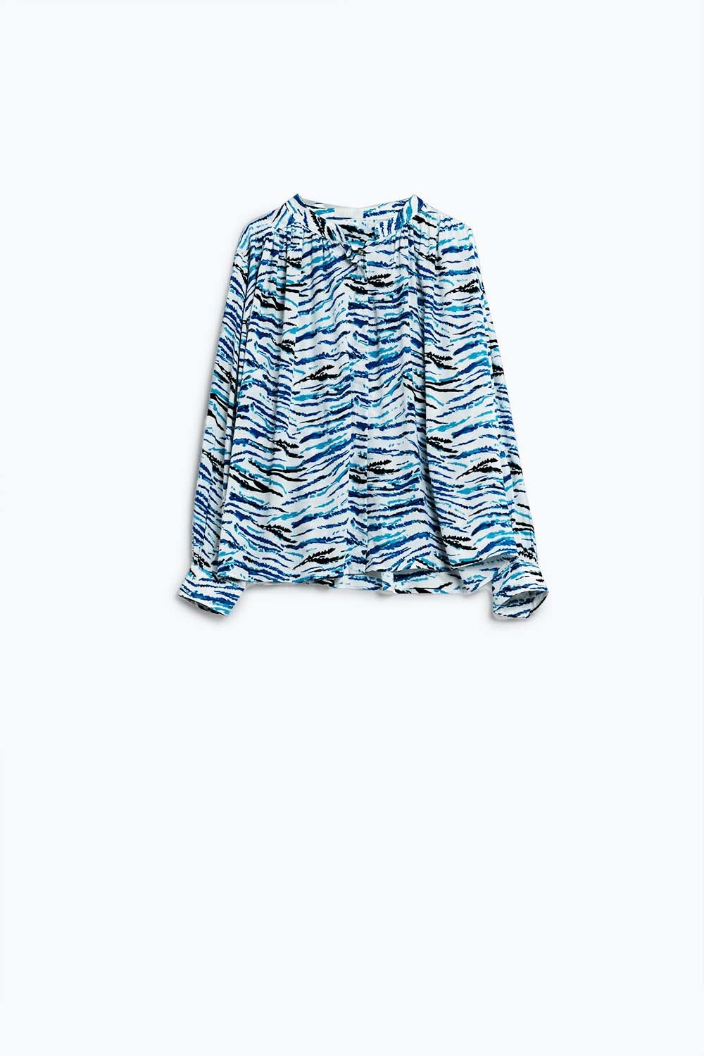 White Blouse With Blue Animal Print And Long Sleeves - Shirts
