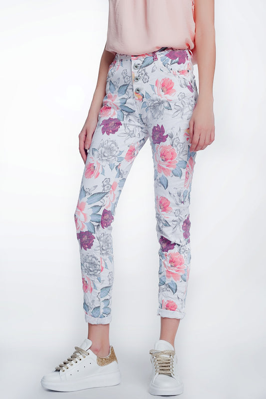 White boyfriend jeans with floral print - Jeans
