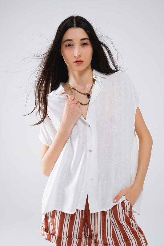 White Button Up Blouse With Polo Collar - Shirts