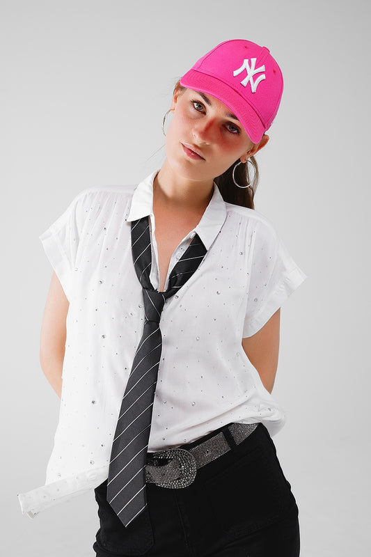 White Button Up Blouse With Strass All Over And Short Sleeves - Blouses